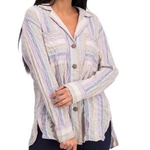 Free People High Tide Crinkle Gauzy Multi Color Striped Button Front Top Sz L